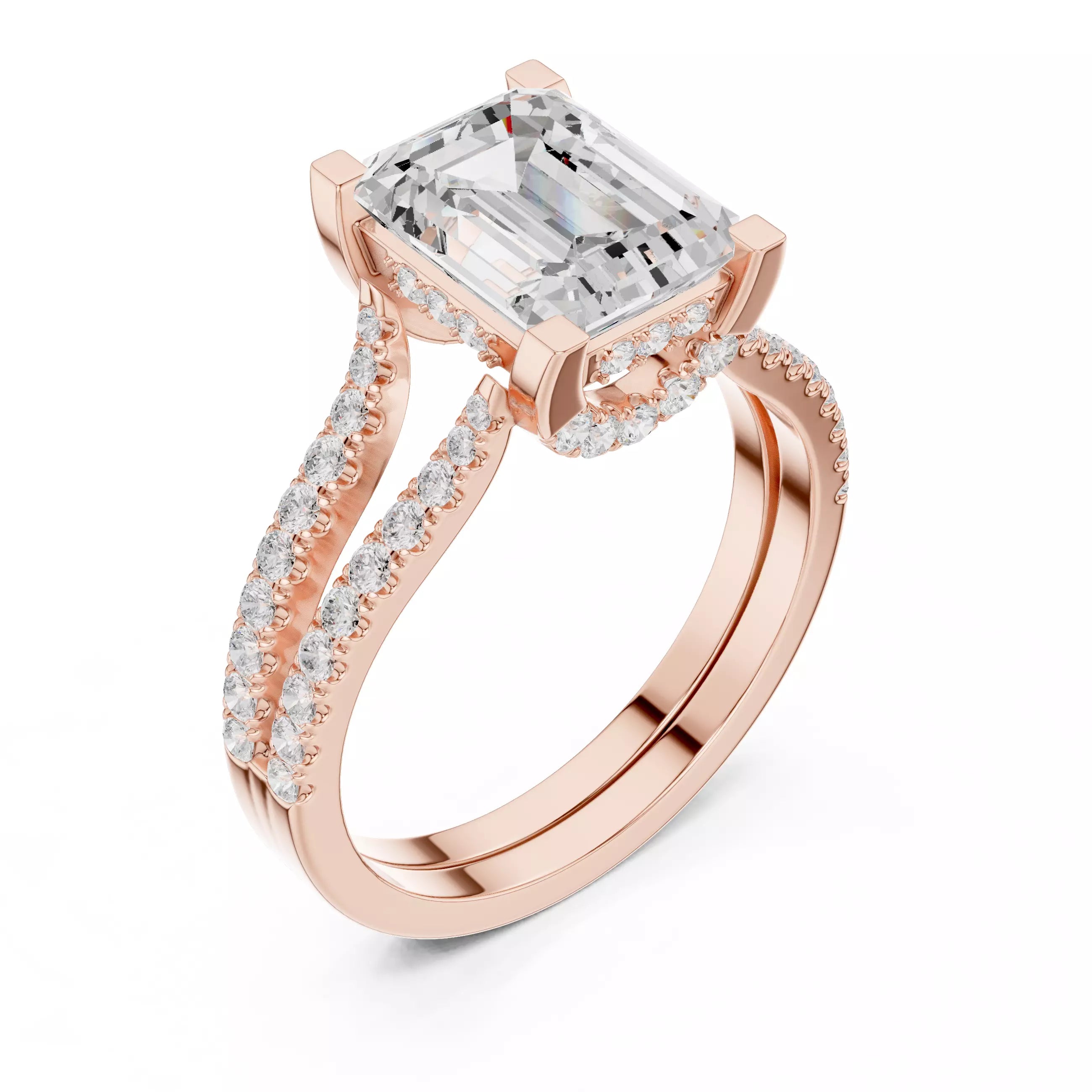 Pavé Split Shank Ring - Emerald cut