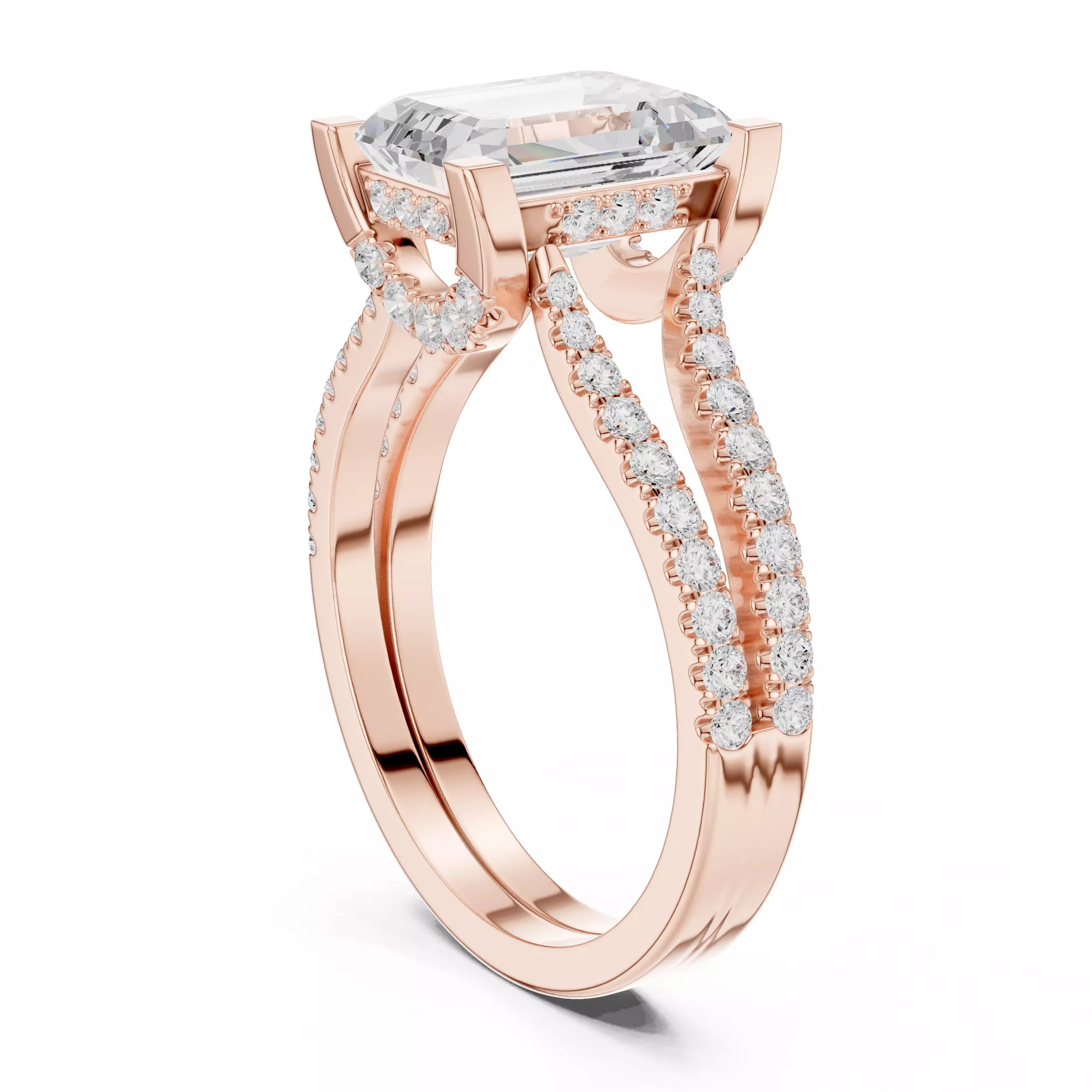 Pavé Split Shank Ring - Emerald cut
